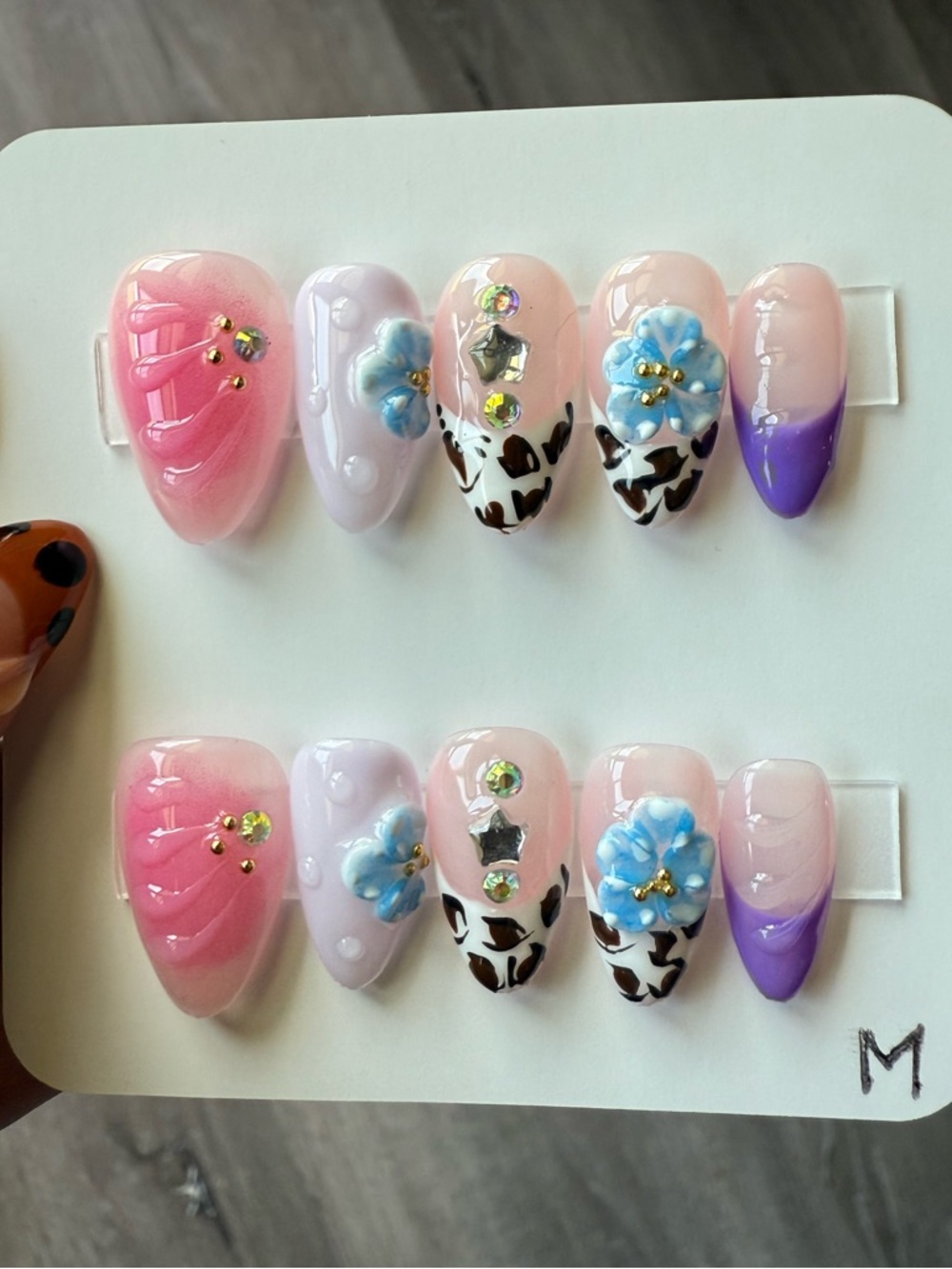 Handmade Floral 3D Press-On Nails in Pink, Blue & Purple